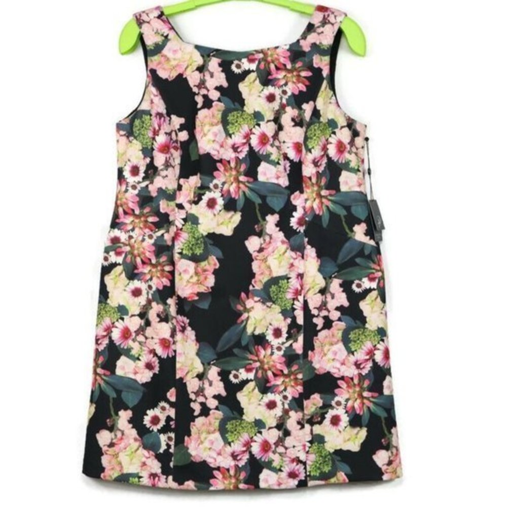Adrianna Papell Scuba Sheath Dress Black Pink Floral‎ Stretch 20W